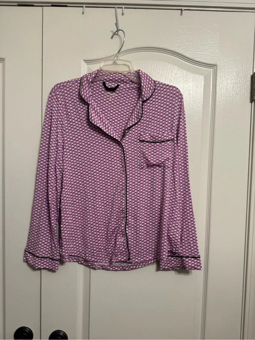 Ladies Long Sleeve Pink Patterned Pajama Set with Black Piping